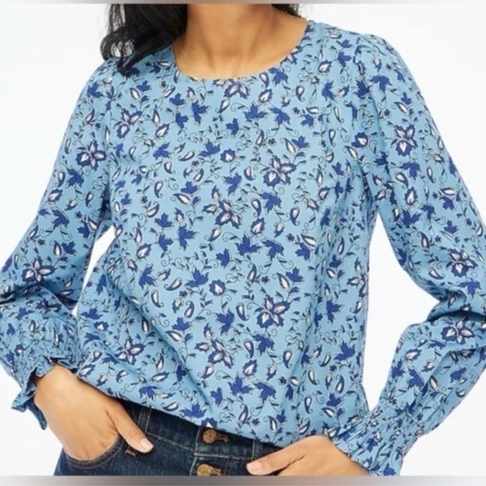 J. Crew Long Sleeve Poplin Blue Floral Blouse